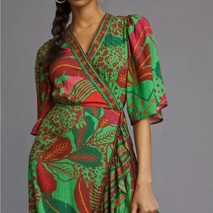 Farm Rio x Anthropologie green tropical floral maxi wrap dress - XS